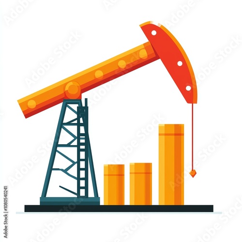 Oil pump jack with graph bars, symbolizing energy production and market trends, white isolated background. photo