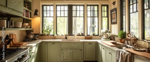 A Rustic Kitchen with Green Cabinets, a Farmhouse Sink, and Windows Overlooking Greenery