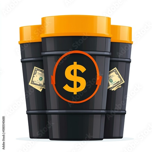 Three money-themed barrels with dollar signs on a white isolated background. photo