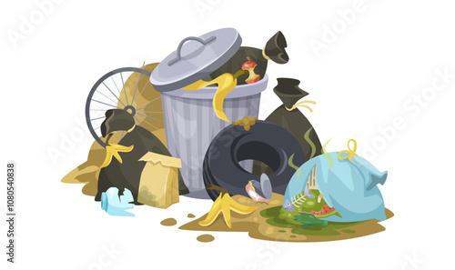 A scene depicting various trash items around a dumpster. Vector illustration