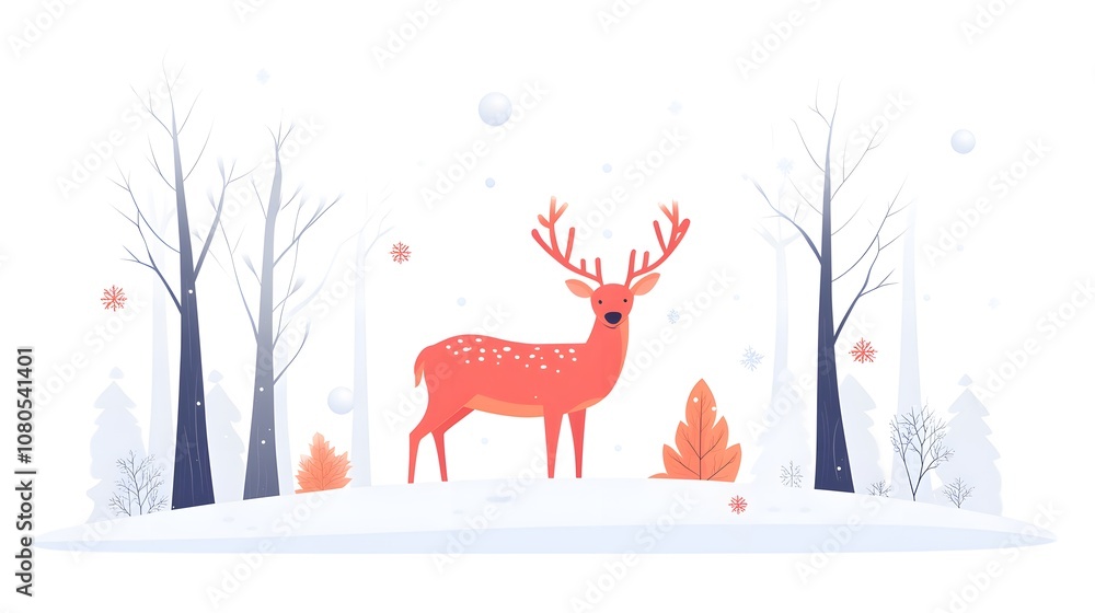 Flat vector illustration of deer in winter forest, simple shapes, simple flat style, white background Flat vector illustration of deer in winter forest, simple shapes, simple flat style, white background