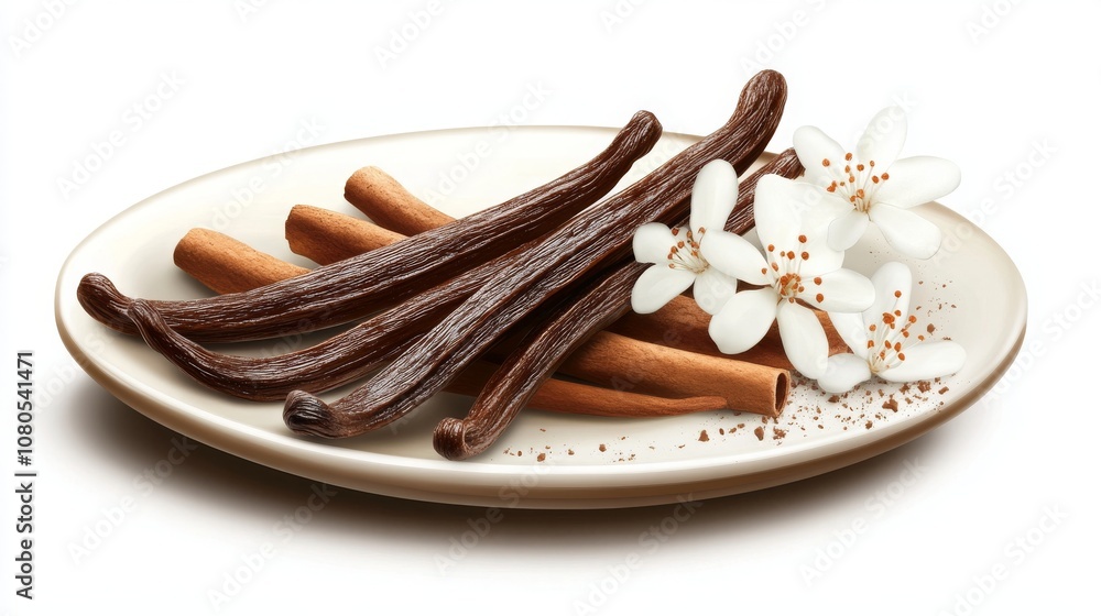 Fototapeta premium Fresh vanilla pods and blossoms on a plate