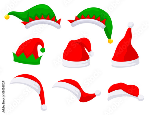 Christmas hats. Festive Santas red cap, elf hat. winter holidays party decoration elements vector illustration set. Funny costumes for new year celebration.