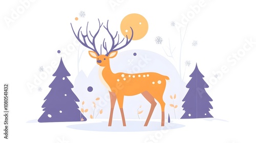 Flat vector illustration of deer in winter forest, simple shapes, simple flat style, white background