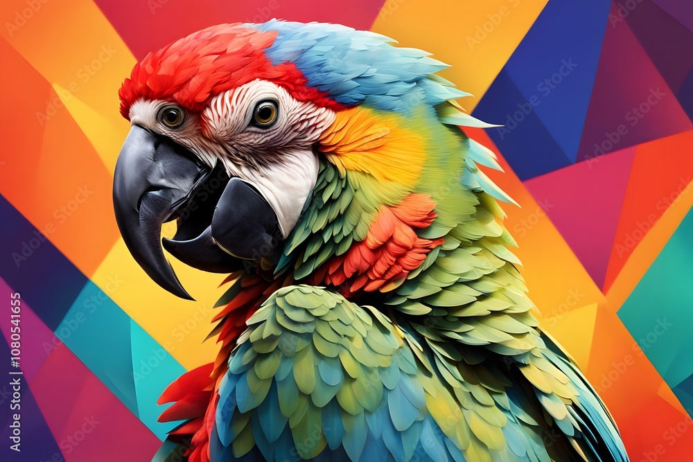 Fototapeta premium A colorful parrot on a bright abstract geometric background, AI Generated
