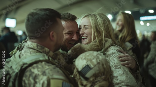 A soldier is reunited with his family at the airport. He is hugging his wife and laughing as he greets her.