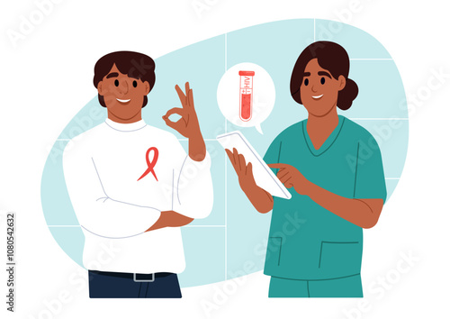 World AIDS Day and National HIV Awareness Month. HIV testing day. Laboratory examination for HIV. Analysis for the prevention of AIDS. Doctor with tablet talking to smiling patient in hospital.