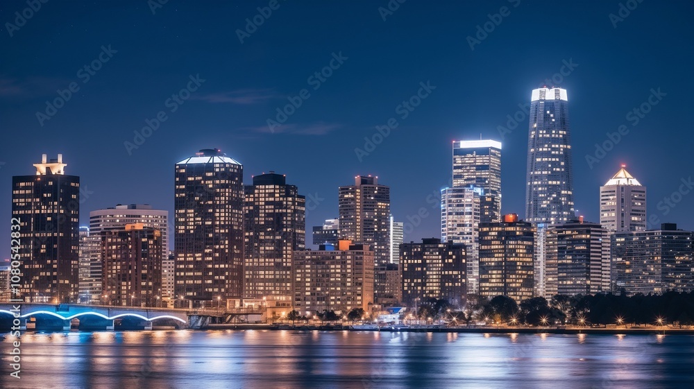 Naklejka premium Modern skyline of a city at night with illuminated buildings and water reflection