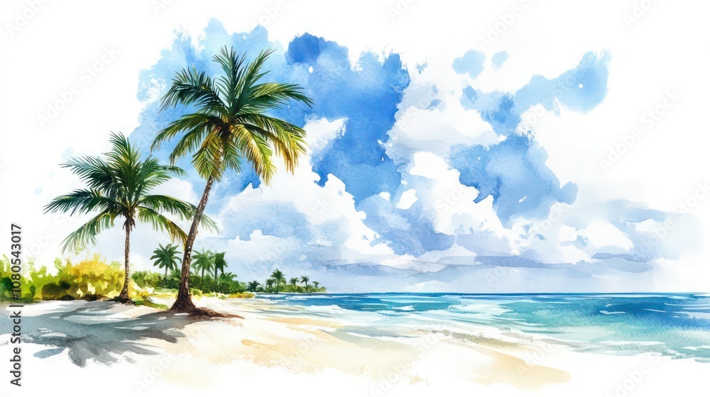 Fototapeta premium Watercolor Painting of Tropical Beach with Palms on Sunny Day, Summer Holiday Vacation Illustration, Ocean Scene for Logo or T-Shirt Design, Relaxing Coastal Landscape, Isolated on White Background