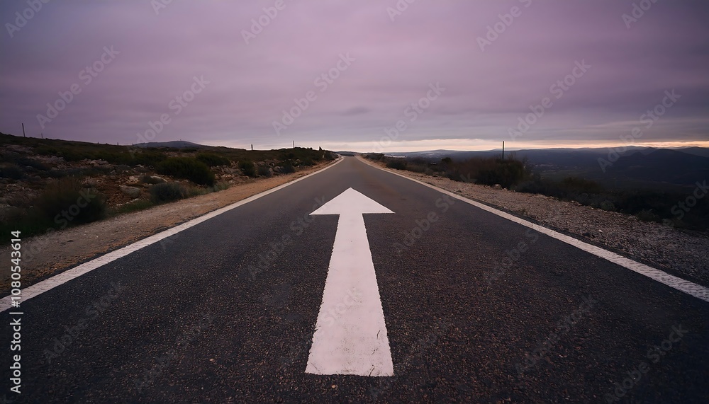 Fototapeta premium Straight Road with an Arrow Painted on It Leading to the Horizon, stretching toward the horizon under a clear sky. The perspective creates a sense of direction and purpose, symbolizing a journey 