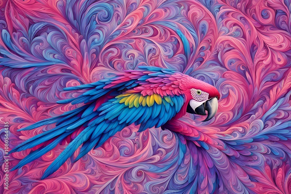 Obraz premium A detailed macaw with a swirling kaleidoscopic background, AI Generated