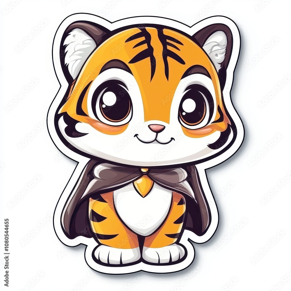 Adorable Sticker of Cartoon Tiger Wearing a Cape, Isolated Against White Background, Perfect for Kawaii and Superhero Themes Adorable Sticker of Cartoon Tiger Wearing a Cape, Isolated Against White Background, Perfect for Kawaii and Superhero Themes