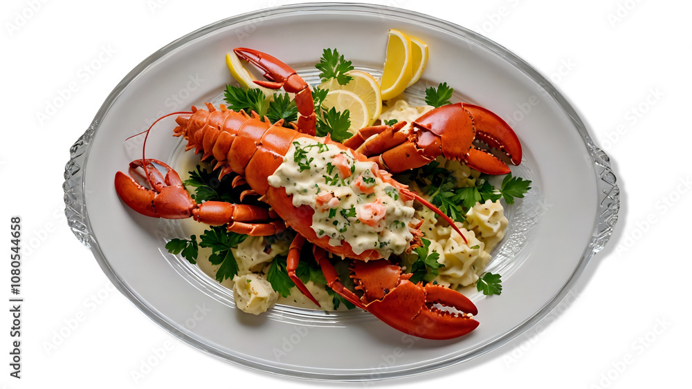 Without background Gourmet lobster platter with creamy salad and lemon wedges on a decorative plate Without background Gourmet lobster platter with creamy salad and lemon wedges on a decorative plate