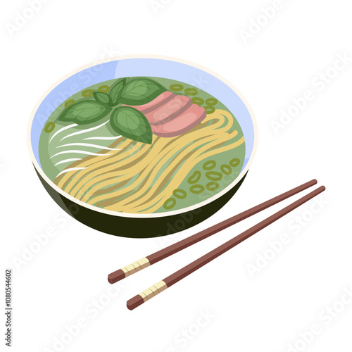 A bowl of ramen with noodles, meat, and herbs on a white background. Vector illustration