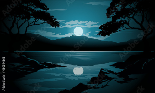 Tranquil lake view at night with silhouette of trees and full moon