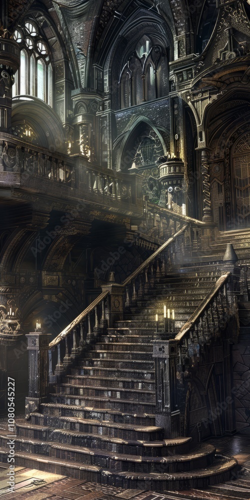 A grand gothic staircase in an ancient castle, featuring ornate architecture and intricate details, illuminated by soft candlelight. A grand gothic staircase in an ancient castle, featuring ornate architecture and intricate details, illuminated by soft candlelight.