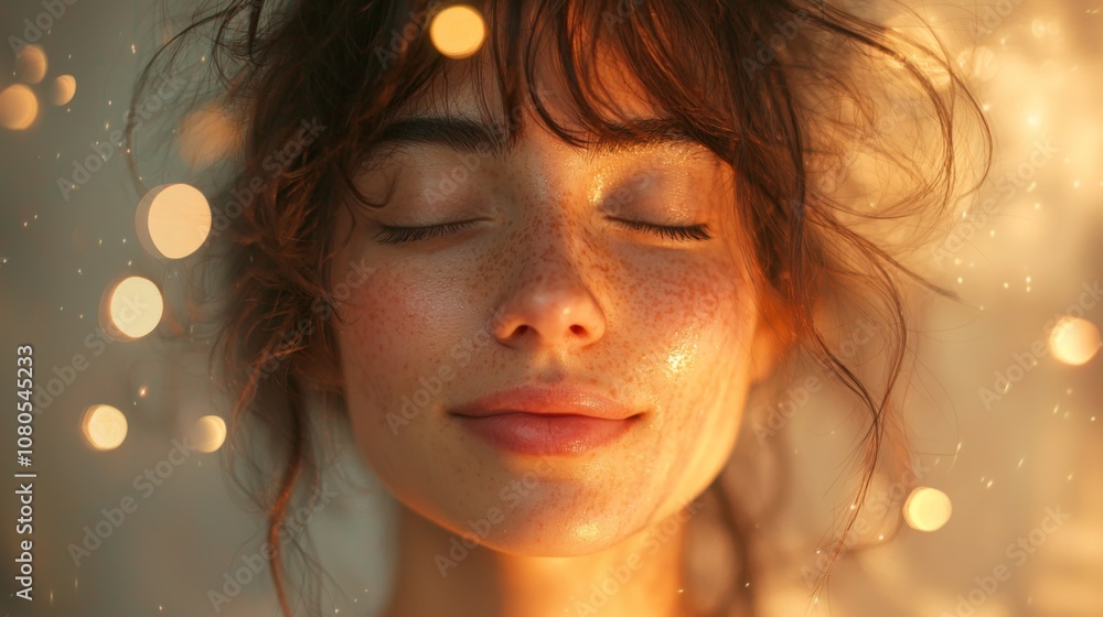 Woman in softfocus with floating orbs evoking spiritual connection Woman in softfocus with floating orbs evoking spiritual connection