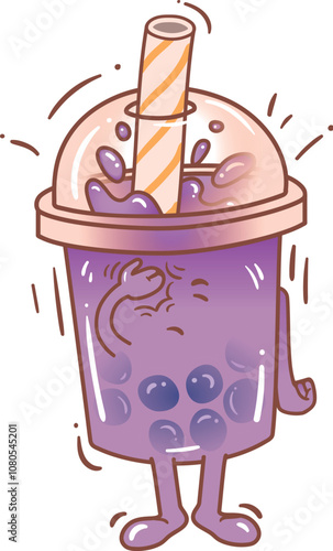 Cute character holding a purple drink with a straw, standing cheerfully and enjoying the beverage outdoors in bright daylight