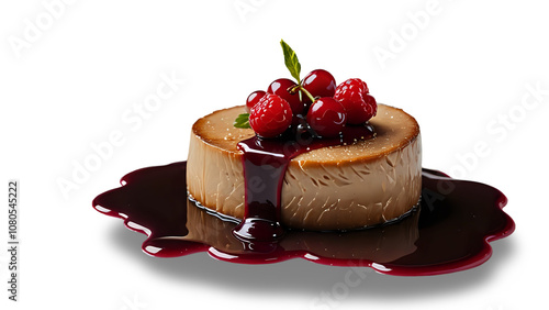 Without background Gourmet cheesecake dessert with berry sauce and fresh mint garnish on white background