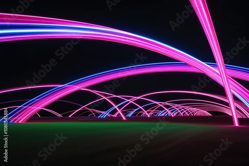 Mesmerizing 3D Neon Arcs Gliding Through a Dark Background photo