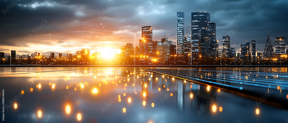 Fototapeta premium Solar energy investment development urban landscape digital art evening glow aerial view renewable future