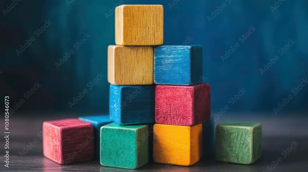 Colorful wooden blocks stacked in a pyramid shape on a wooden table with a blue background. Colorful wooden blocks stacked in a pyramid shape on a wooden table with a blue background.