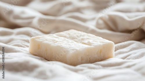 Natural Handmade Soap Bar on Soft Cream Fabric, Ideal for Spa Treatments, Beauty Routines, and Relaxation Moments, Elevating Self-Care Experiences and Aesthetics