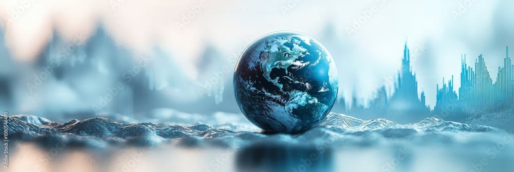 A digital Earth sphere situated on an icy textured landscape, interwoven with digital elements and bar graphs, signifying global climate and technological shifts. A digital Earth sphere situated on an icy textured landscape, interwoven with digital elements and bar graphs, signifying global climate and technological shifts.