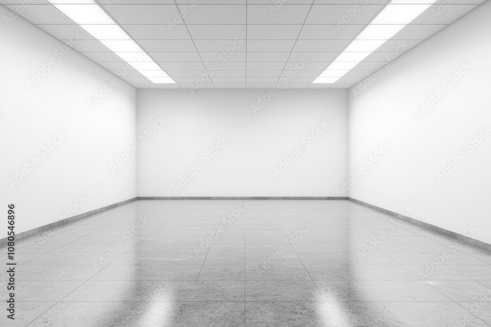 A large white wall in an empty room with concrete floor and lighting, mockup template illustration, 3D rendering A large white wall in an empty room with concrete floor and lighting, mockup template illustration, 3D rendering