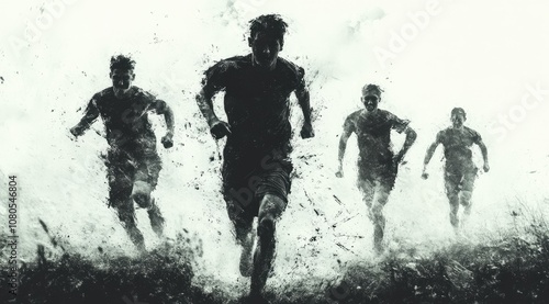 Four silhouette figures running through mud, facing forward with a blurred background.