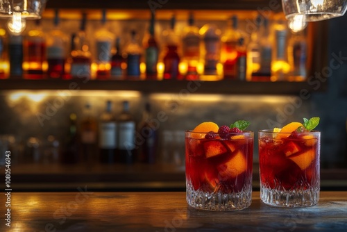 Two refreshing cocktails sit on a bar top. They are filled with vibrant ice and garnished with fruit. The bar background is stylish and warm. Generative AI photo