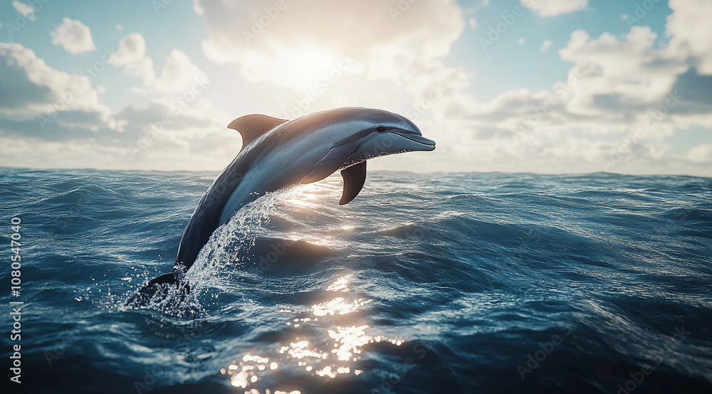 Fototapeta premium A dolphin leaps out of the water, its sleek body catching the sunlight. The ocean waves gently roll beneath it, creating a beautiful scene against the backdrop of a clear, blue sky