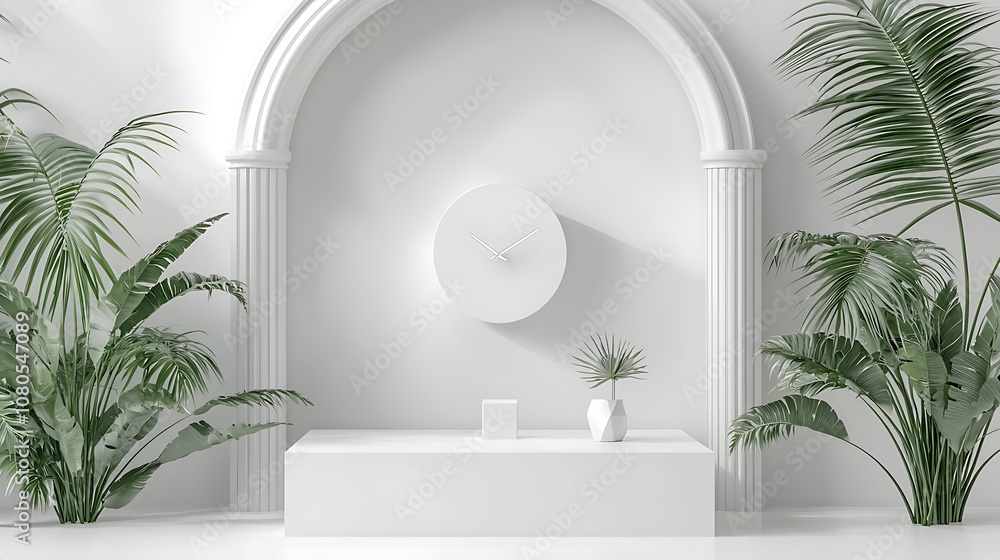 Fototapeta premium Minimalist Interior Design with White Clock and Plants in a Modern Living Space Showcasing Elegance and Simplicity for Contemporary Home Decor