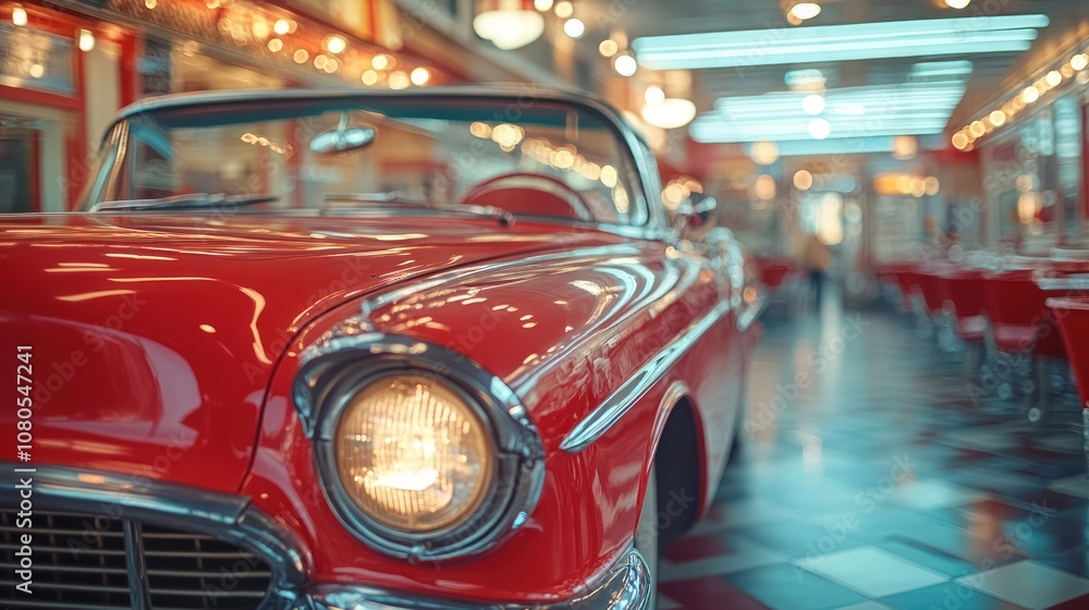 Classic red convertible in a retro diner setting. Classic red convertible in a retro diner setting.