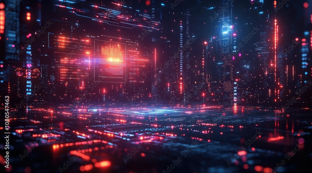 Fototapeta premium Futuristic digital city with neon lights.
