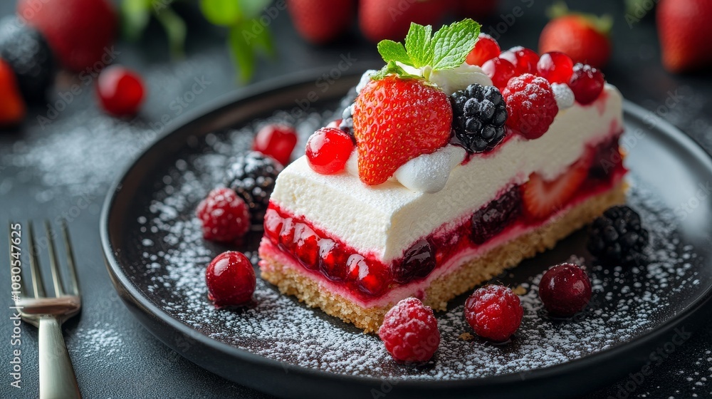 Decadent berry cheesecake slice with fresh fruit topping Decadent berry cheesecake slice with fresh fruit topping
