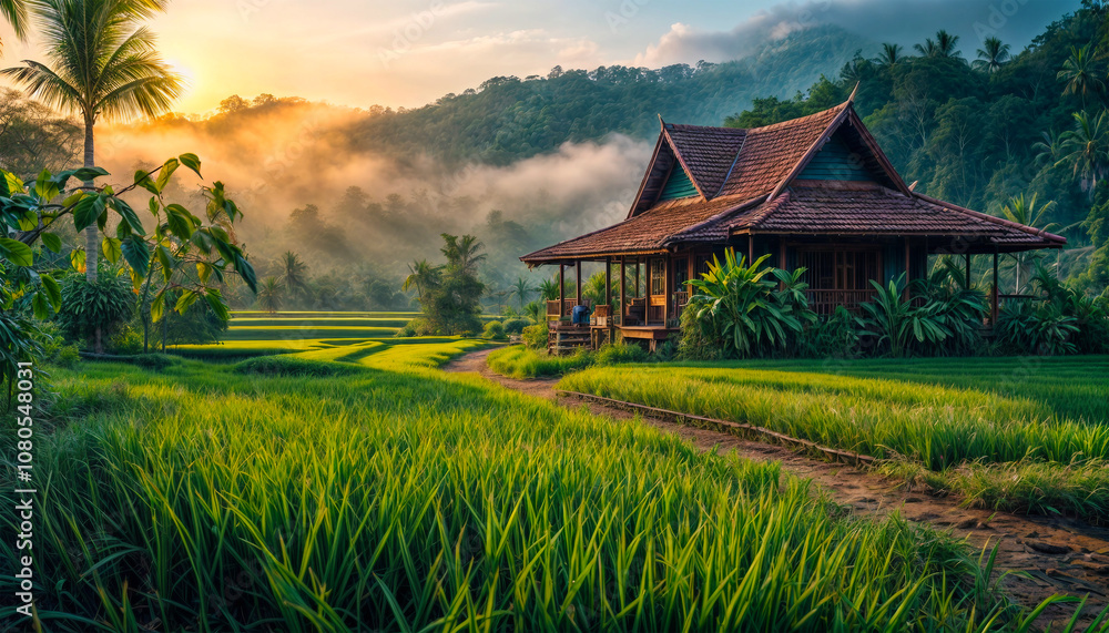 Fototapeta premium Cottage in rice field among forested mountains at dawn