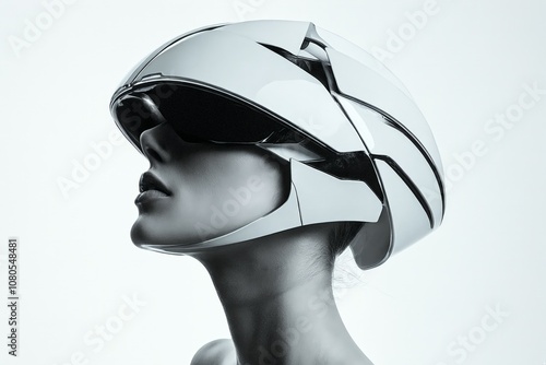 A woman wearing a futuristic helmet with a broken face.