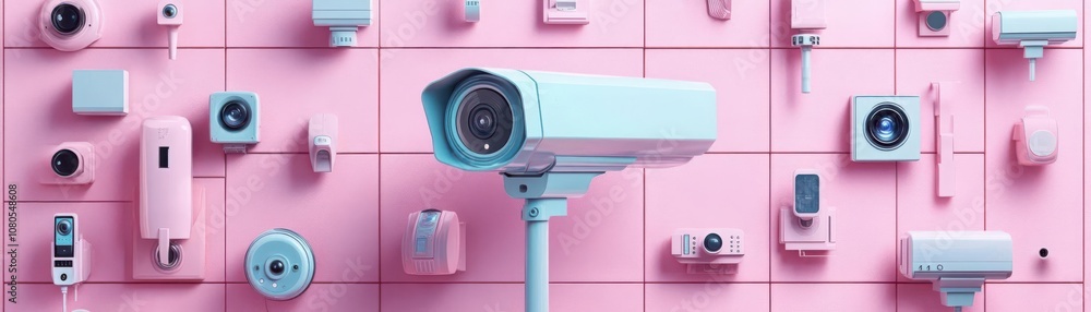 A collection of various cameras and surveillance devices displayed against a pink background, showcasing modern security technology in a playful, colorful manner. A collection of various cameras and surveillance devices displayed against a pink background, showcasing modern security technology in a playful, colorful manner.