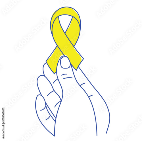 Minimalist illustration of a hand holding a yellow awareness ribbon, symbolizing support, hope, and solidarity for important causes.

