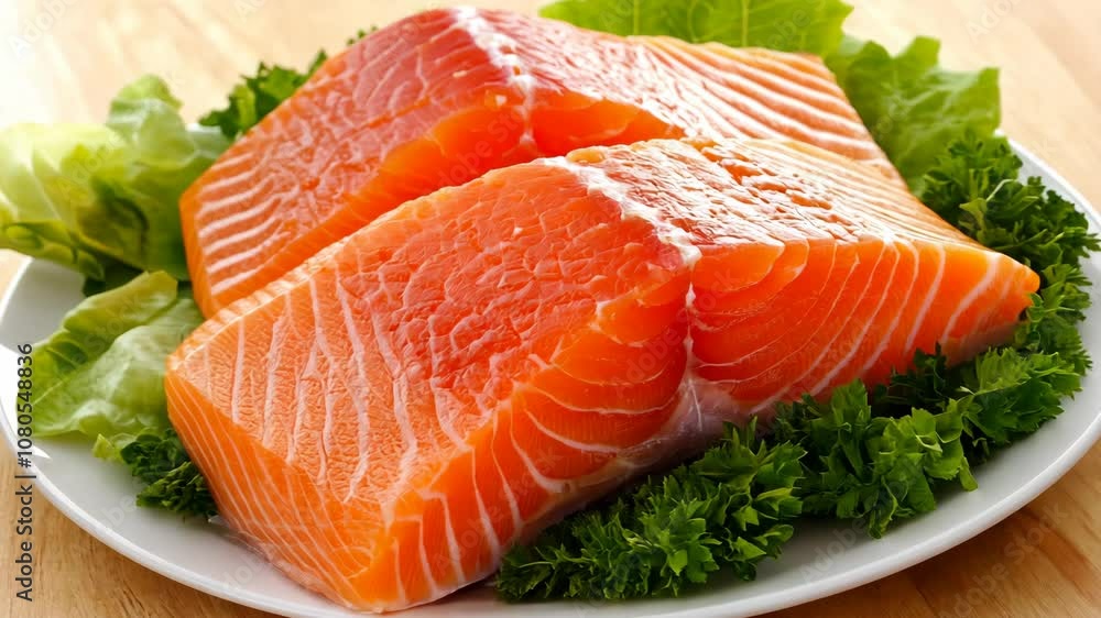 Two fresh salmon fillets are arranged on a white plate with fresh greens Two fresh salmon fillets are arranged on a white plate with fresh greens