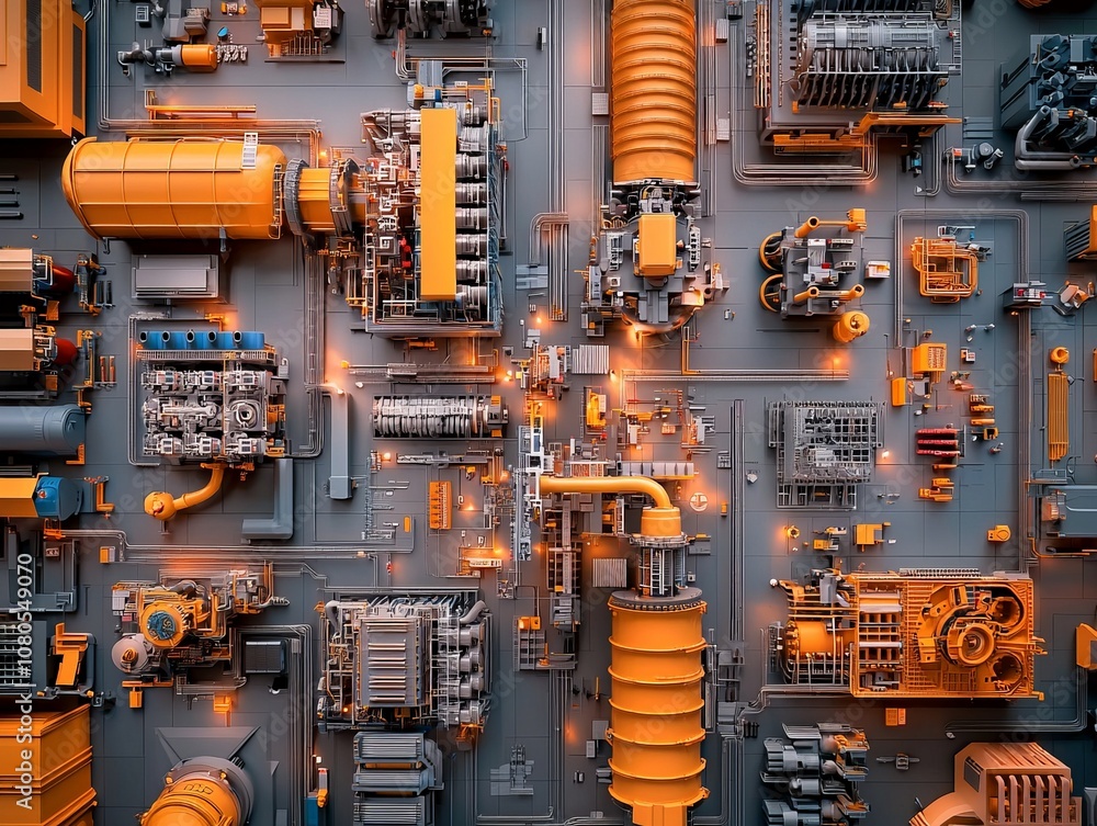 Detailed Aerial View of a Generator Factory Floor Featuring Rows of ...