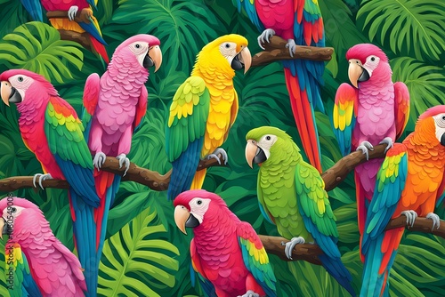 A group of parrots with a tropical fruit inspired background in vibrant bold colors, AI Generated photo