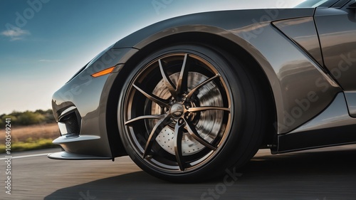 Close-up view of a sports car wheel showcasing intricate design and performance features on a sunny day