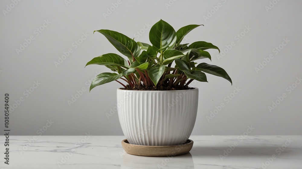 Indoor houseplant displayed in a textured ceramic pot on a marble surface in a well-lit room Indoor houseplant displayed in a textured ceramic pot on a marble surface in a well-lit room