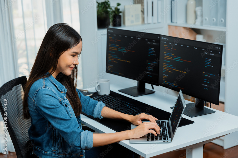 Smiling young Asian in IT developer creating with typing online information on laptop with coding program data of application, wearing jeans shirt. surrounded by safety analysis two screen. Stratagem. Smiling young Asian in IT developer creating with typing online information on laptop with coding program data of application, wearing jeans shirt. surrounded by safety analysis two screen. Stratagem.