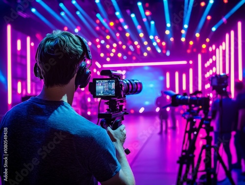 Behind the Scenes of a Game Show Recording with Vibrant Lighting and Professional Equipment in a Dynamic Studio Environment