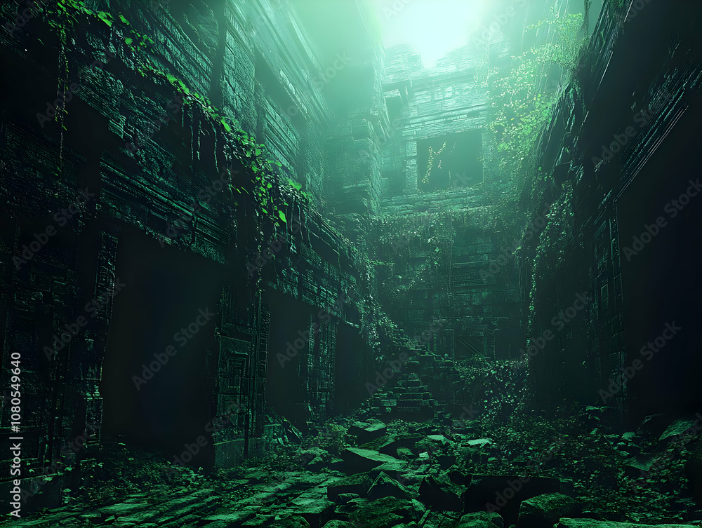 Fototapeta premium Illustration Ancient Ruins Dark Green Fantasy Building Overgrown