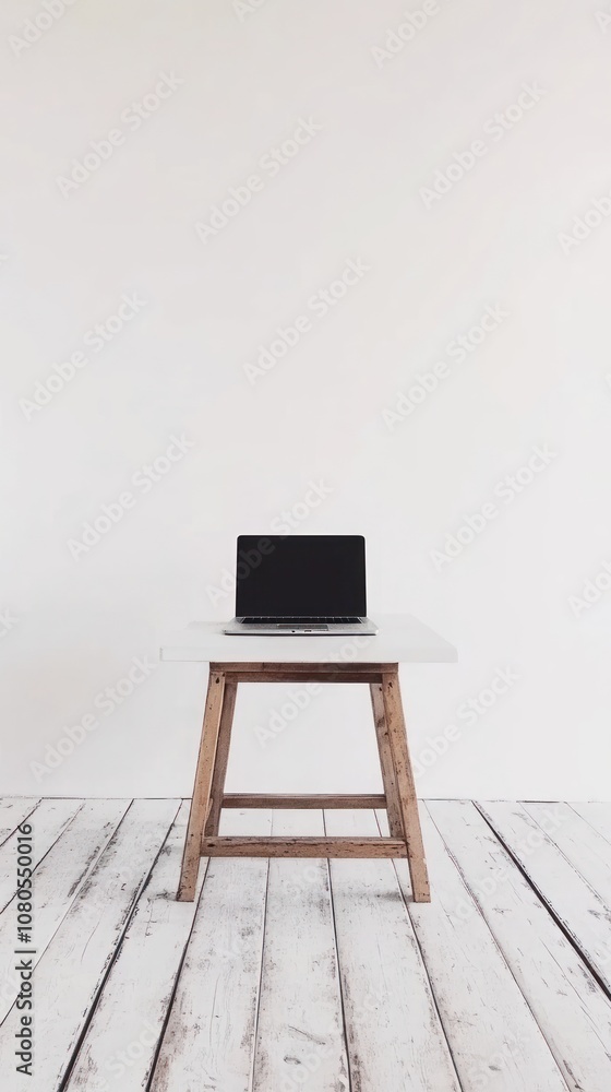 A minimalist workspace featuring a laptop on a simple wooden table against a white wall. A minimalist workspace featuring a laptop on a simple wooden table against a white wall.