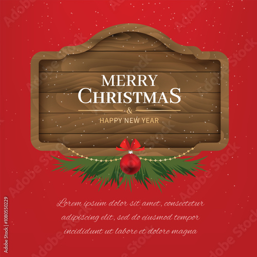 Christmas card with wishes for Merry Christmas and Happy New Year. Farm core. Wood vintage sign and holiday decorations. Wooden retro board with text. Christmas tree decoration, red bow. Falling snow 